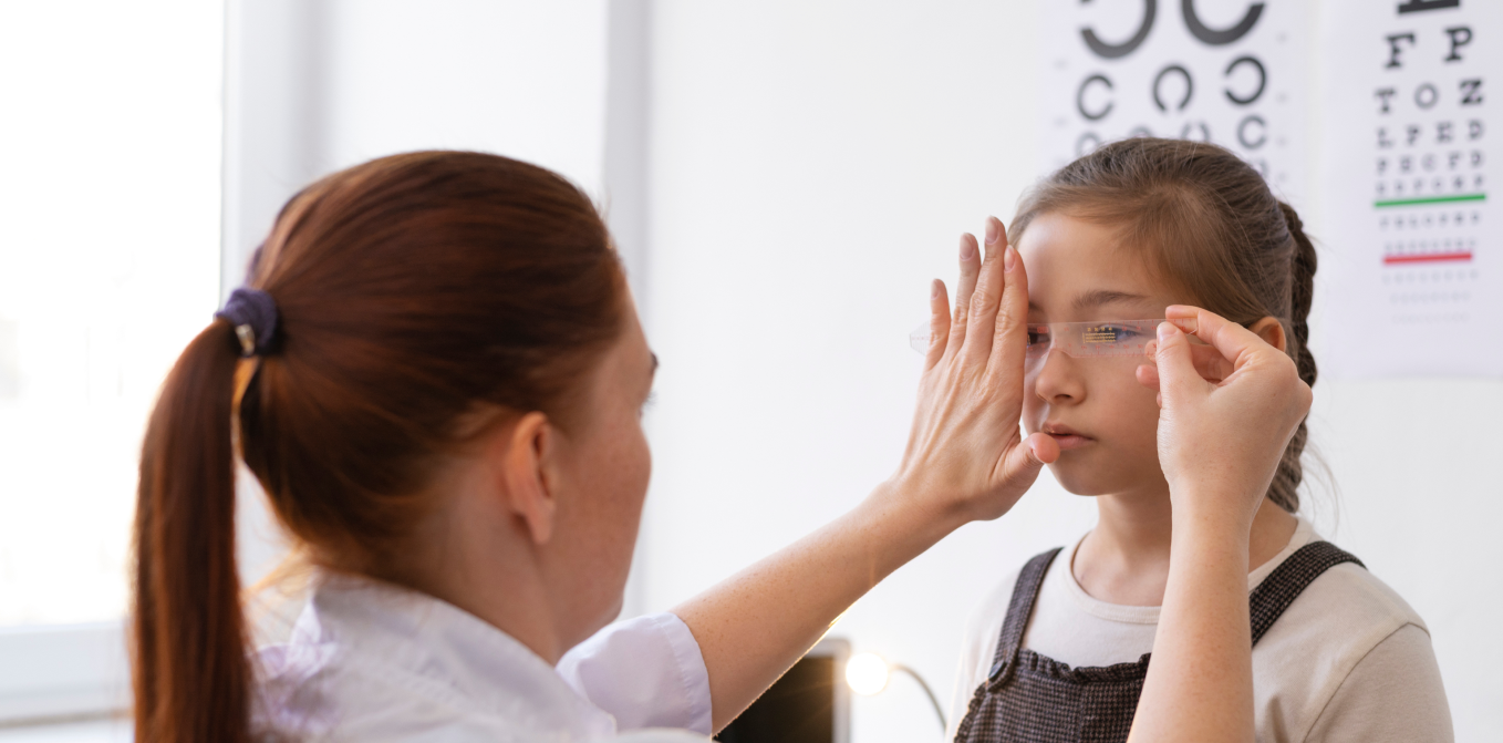 Profesional ajustando unas gafas a una niña durante una revisión visual en una consulta de oftalmología.